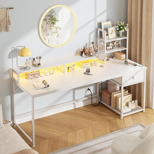 55 Inch White Computer Desk with Drawers and Hutch,Reversible Home Office Desk with Monitor Shelf,Gaming Desks with USB Power Outlets&Storage,Writing Study Table for Bedroom with LED Lights,White