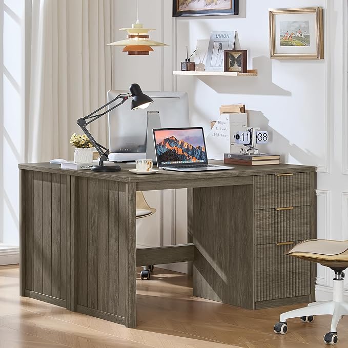 LEYAOYAO Office Desk 48" with 3 Drawers Storage File Cabinet Wood Fluted Desk for Computer Office Bedroom Home Furniture Grey