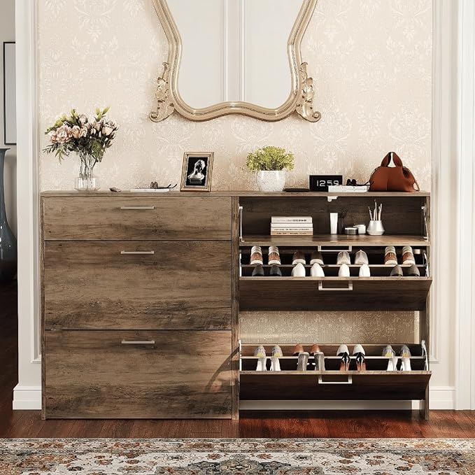 VINGLI Set of 2 Washed Grey Shoe Cabinet for Entryway, 2-Pack 31.5" W Extra Wide Slim Shoe Organizer with 2 Flip & 1 Drop-Down Drawers, Modern Gray Wood Shoes Rack, Narrow Cabinet for Hallway