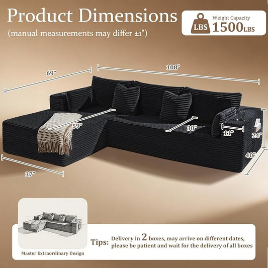 108" Oversized Cloud Sectional Couch, Comfort L Shaped Boneless Couch for Living Room, Extra Deep Seats No Assembly, Modular Sofa, Corduroy (Black, 2 Seater+Right Facing Chaise)