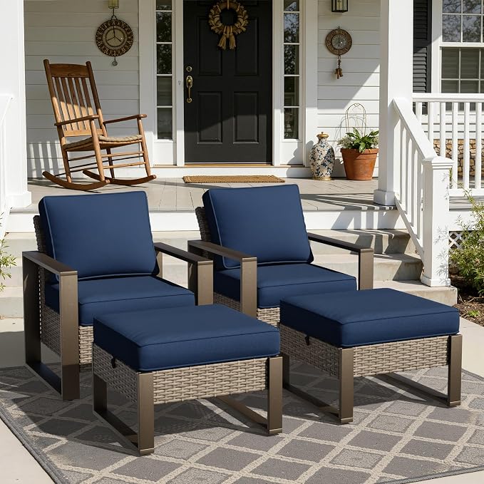Joyside Outdoor Patio Chairs, 4 Pieces Wicker Rattan Furniture Set, 2 Patio Chairs and 2 Ottoman, Metal Wide Armrest, Thick Cushions and Deep Seating for Garden, Backyard, Porch, Deck