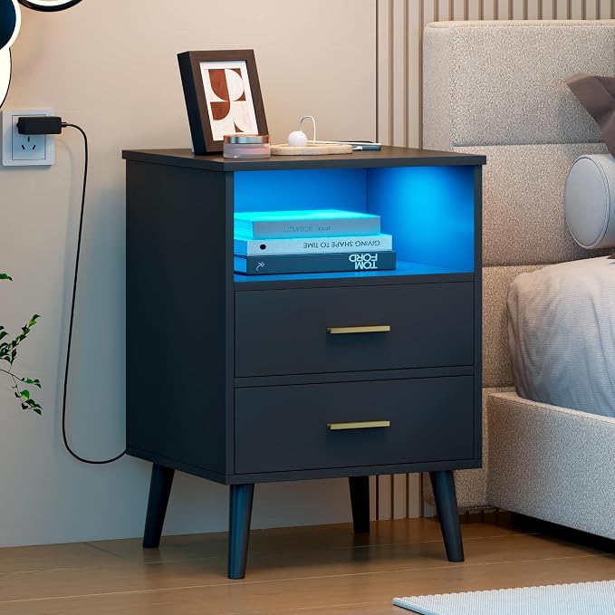 LVSOMT Black Bedroom Nightstand with Charging Station and LED Lights, Modern Bedside Table with Hidded Drawer, Smart Night Stand with Open Storage Shelf, USB Port, Metal Legs