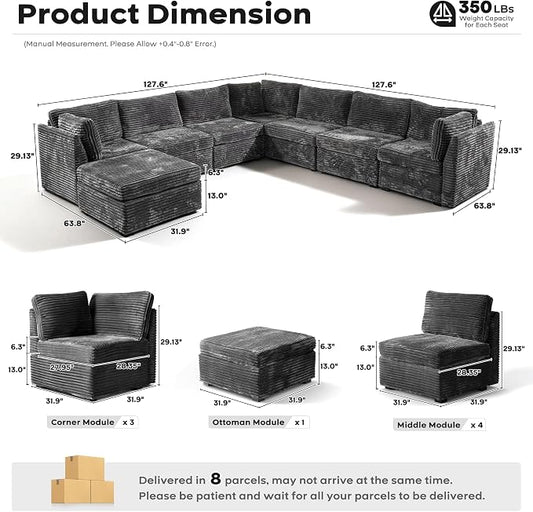 ovios Modular Sectional Sofa Couch with V-Shape Chaise Ottoman, Comfy Plush Corduroy Cloud Couches, Modern Luxury Deep Seat Sofas Set for Living Room, 8-Seater, Grey