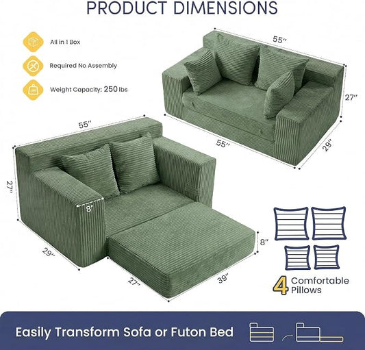 cidludto Convertible Sofa Bed, Boneless Couch 2 in 1 Loveseat Folding Couch Bed Foldable, Chair Bed & Futon Sofa Bed, Small Corduroy Pull Out Sofa with 4 Pillows for Living Room, Green