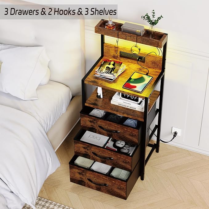 SZLHANJZ Nightstands Set of 2 with Outlet and USB C Port, Bedroom Night Stand with Led Lights and 3 Fabric Drawers, Matching Bedside Tables with Hooks, Vintage Style Storage End Tables, Rustic Brown