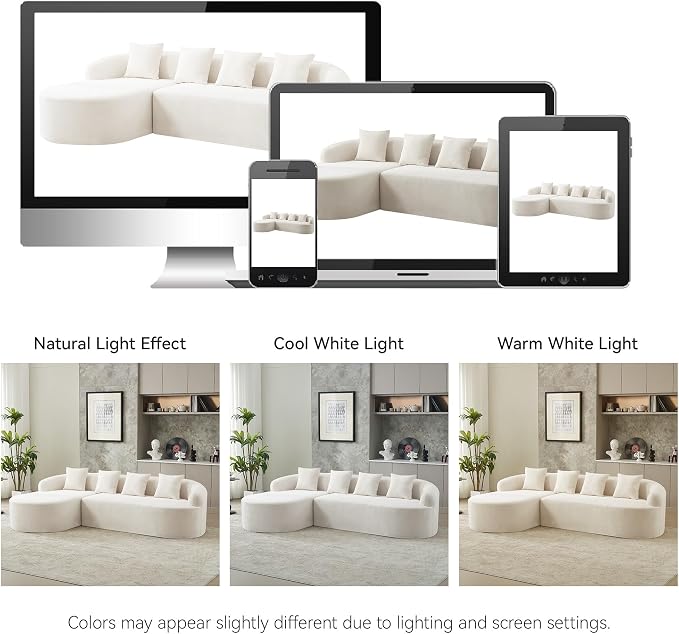 105.5" Boneless Curved Couch, L Shaped 4-Seater Cloud Couch with Deep Seat Chaise, Oversized Curved Sofa, Chenille Modular Sectional Couches for Living Room, No Assembly, Beige