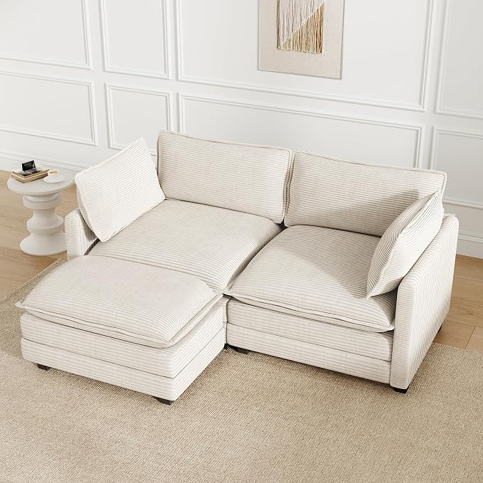 78'' Modular Sectional Cloud Couch with Movable Ottoman, 3 Seat Comfy Modern Corduroy Sofa with 2 Throw Pillows, Deep Seat L Shaped Couch for Living Room Bedroom Apartment, Beige