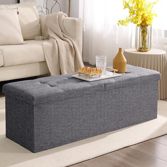 45.3 Inches Storage Ottoman Bench Foldable Seat Footrest Shoe Bench End of Bed Storage with Flipping Lid, 166L Storage Space, Linen Fabric Dark Gray