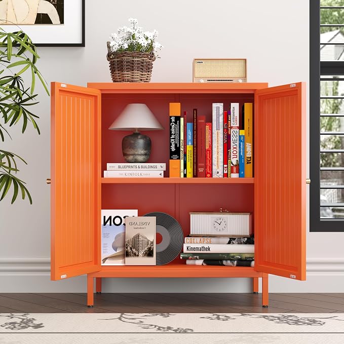 Metal Accent Storage Cabinet for Home,LivingRoom, Office,Kitchen- Metal Locker Cabinet with 1 Adjustable Shelves-Bathroom Floor Storage Cabinet Freestanding Organizer (Stripe Door, Orange)