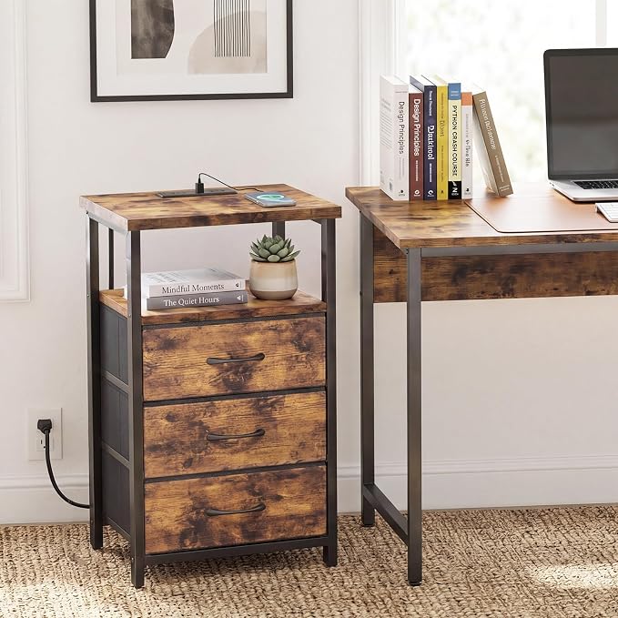 Fixwal Night Stand with 3 Fabric Drawers, Nightstand for Bedroom, Bedside Table with Charging Station End Table with Storage, Rustic Brown