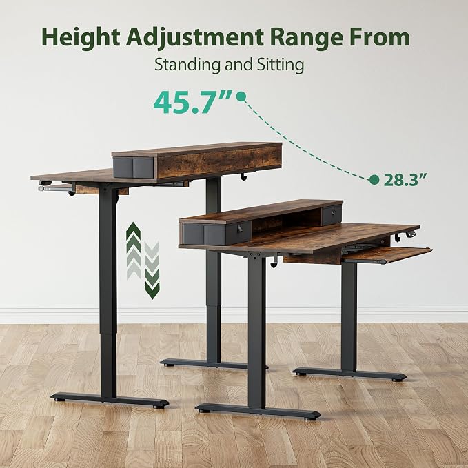 Agilestic Electric Standing Desk with 2 Drawers and Keyboard Tray, 55 x 24 Inches Ergonomic Adjustable Height Desk with Storage, Sit Stand up Computer Workstation, Rustic Brown