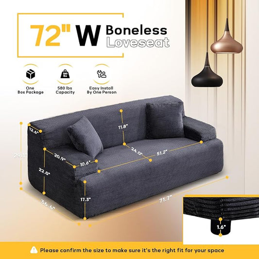 VINGLI 72" W Boneless Loveseat Sofa, Cloud Corduroy Couch in a Box, Compressed Deep Seat Sofa with 10.6" Wide Curved Armrests, Easy Assembly Required for Living Room, Apartments & Office, Dark Grey