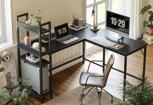 CubiCubi L Shaped Desk, 51.1 Inch Computer Corner Desk with Hutch, Storage Shelves, Writing Gaming Study Desk with Bookshelf, Black