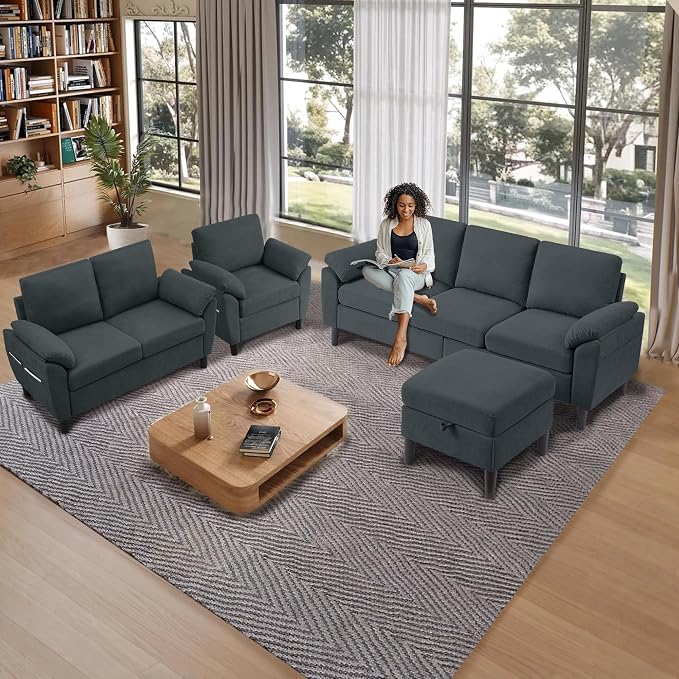 4 Piece Convertible Sectional Sofa Set, Modern Linen Small L Shaped Couch with Reversible Chaise, 3-Seater Sofa & Loveseat & Armchair for Living Room, Office, Apartment, Dark Grey