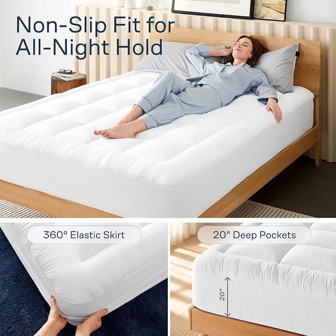 Niagara Sleep Solution Cloud-Like Twin XL Non-Slip Mattress Topper - 100% Cotton Top Mattress Pad for Back Pain Relief - Extra-Grip, Breathable & Naturally Cooling for Hot Sleepers, White