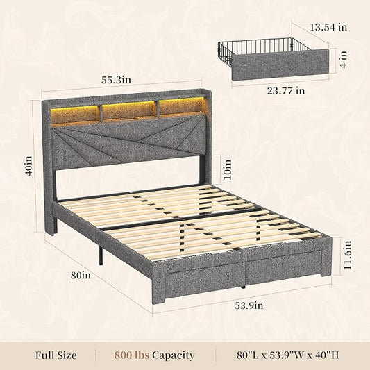 Full Size Bed Frame with Storage Headboard, Upholstered Full Bed Frame with LED Lights, USB Charging Station & 2 Storage Drawers, No Box Spring Needed, Light Grey