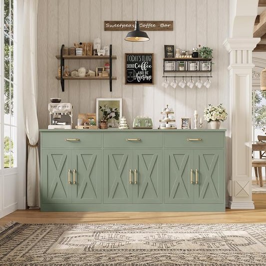 HOSTACK 71" Large Sideboard Buffet Cabinet with Storage, Farmhouse Coffee Bar Cabinet with 3 Drawers, Long Kitchen Buffet Table, Kitchen Sideboard Storage Cabinet for Dining Room, Living Room, Green