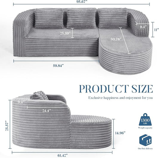 Hobestluk Modular Sectional Sofa Couches L-Shape Couch 3 Seat Modular Sofa Memory Foam Sectional Couches for Living Room, Cloud Couch (Round Lightgrey, 96", Right Hand Facing)