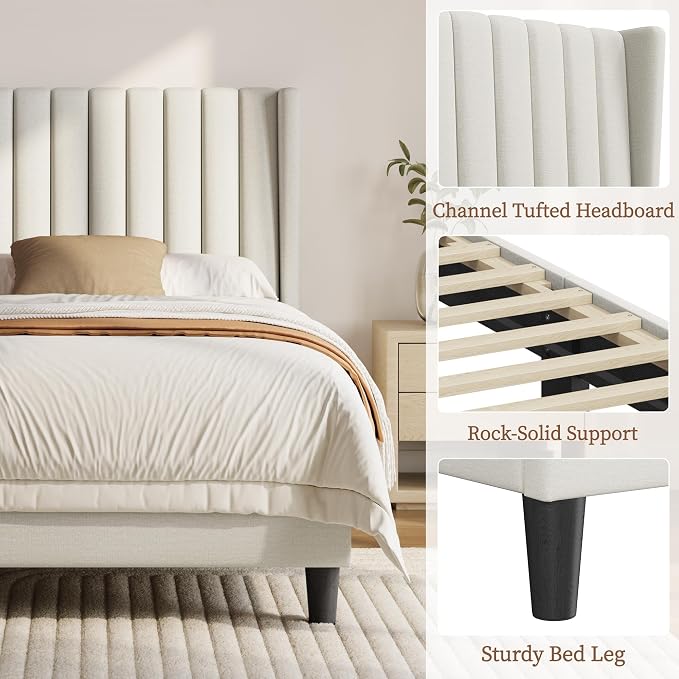 Yaheetech Twin Bed Frame Upholstered Platform Bed with Fabric Headboard, Wing Edge Design/Non-Slip and Noise-Free/Wooden Slats Support/No Box Spring Needed/Easy Assembly, Ivory Twin Bed