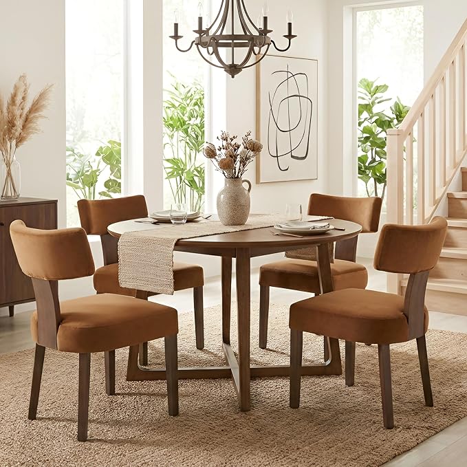 HNY Mid Century Modern Dining Chairs, Velvet Fabric Farmhouse Upholstered and Curved Backrest Kitchen Accent Chairs Set of 2, with Hardwood Frame, Burnt Caramel