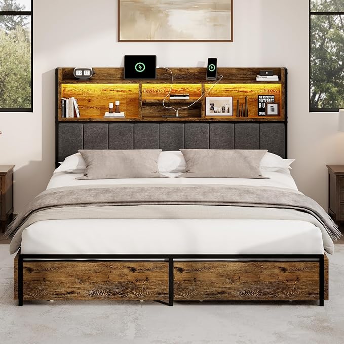BRELTAM Queen Bed Frame with 6 Storage Drawers, Linen Upholstered Headboard, Built-in USB Charging Station & LED Lighting, Silent Metal Support, No Box Spring Needed, Vintage Brown