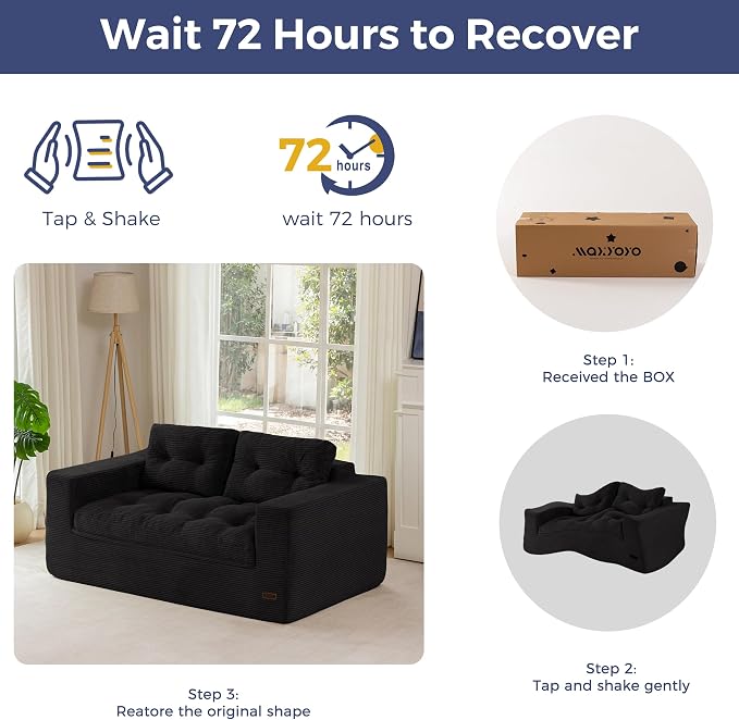 MAXYOYO 63" Loveseat Sofa Couch for Small Spaces, Upholstered Boneless Cloud Couch for Apartment Bedroom, 2-Seater Love Seat Floor Modern Sofa with Pillows, No Assembly Required, Black