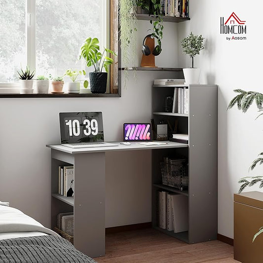 HOMCOM Modern Home Office Desk with 6-Tier Storage Shelves, 47" Writing Desk with Bookshelf, Gray