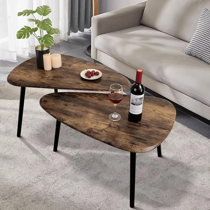 Nesting Coffee Tables, Nested Table with Wooden Legs Set of 2 - Triangle Side Table for Living Room, Bedroom, Minimalist Bamboo, Apartment & Small Spaces, Tiger