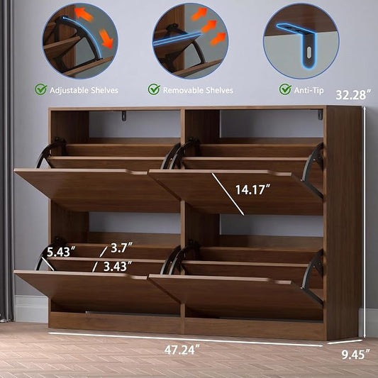 BORNOON Shoe Cabinet with 4 Flip Drawers, Narrow Hidden Shoe Storage Cabinet, Slim Freestanding Shoe Rack Organizer for Entryway, Hallway, Bedroom, Living Room