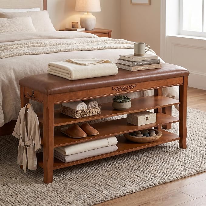 Shoe Rack Bench Entryway Storage with Leather Cushion, Shoe Organizer Bench for Entryway, Front Doors Entrances Hallway,Mudroom,Closet, Bedroom,Solidwood 3 Height-Adjustable Removable Shelve,47.2"