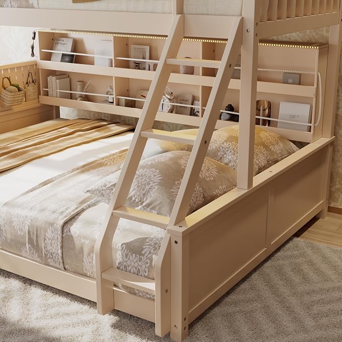 Merax Twin Over Queen Bunk Bed,Wood bunk Bed with LED,Bed with Integrated Shelving, Color-Changing Lights and Pegboard, Twin XL Over Queen, Beige