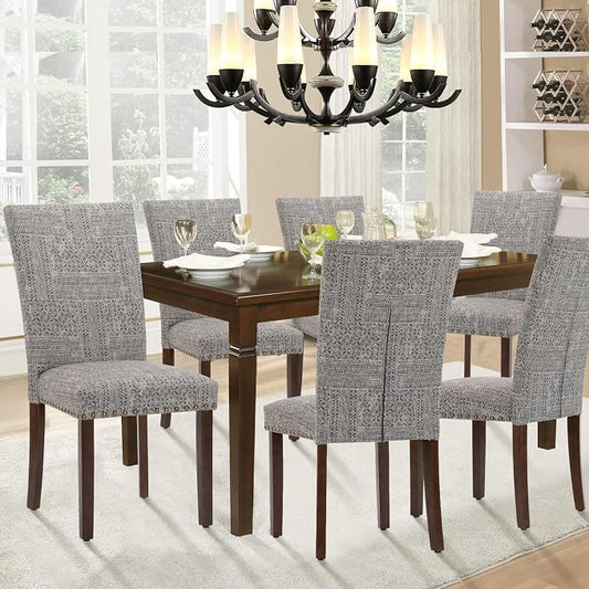 Parsons Dining Chairs Set of 6, Upholstered Nailhead Dining Room Kitchen Side Chair with Thick Cushions and Wood Legs, Black/White