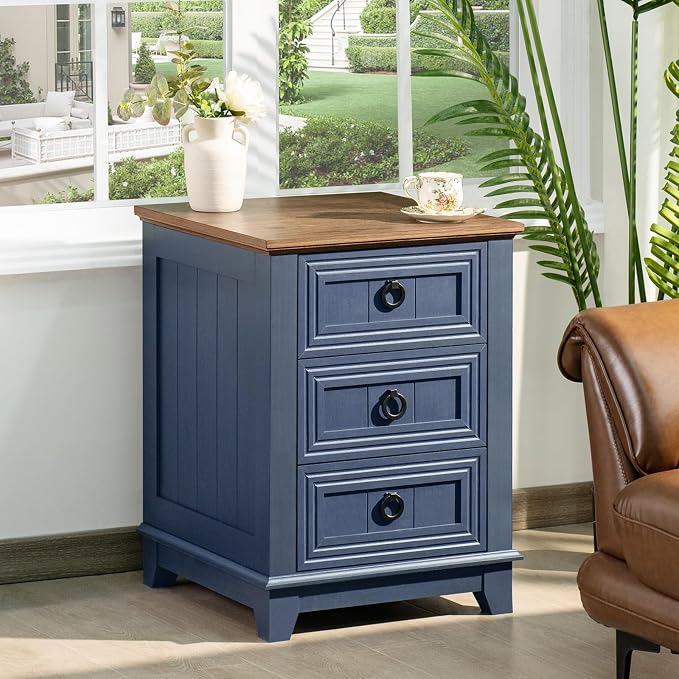 Joaxswe Night Stand Set of 2, Farmhouse 18" End Table with 3 Drawer Metal Handle, Dresser for Bedroom, Sofa Bed Side Table Chest of Drawers,Wood Nightstand Cabinet for Organizer, Living Room-Blue