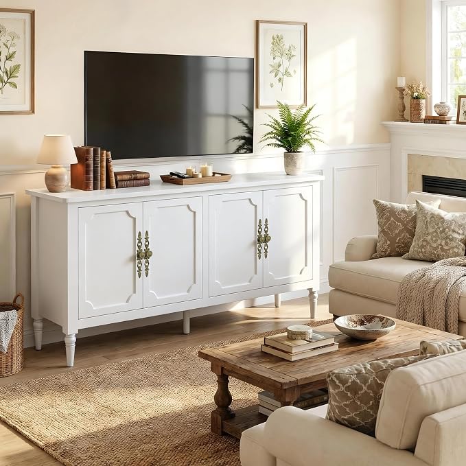 RoyalCraft Buffet Cabinet with Storage, 59" Vintage Sideboard with Adjustable Shelves, Mid Century Modern Painted Credenza Coffee Bar for Kitchen, Dining Room, Entryway, Living Room, Satin White