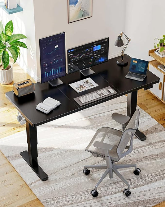 HUANUO 59x30 Inch 3-Stage Legs Electric Standing Desk, Large Height Adjustable Office Desk with Brushless Motor, Stand Up Desk with 4 Memory Presets & 2 Hooks, Computer Desk for Home Office, Black