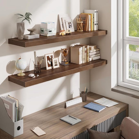 Fun Memories 48 Inch Floating Shelves for Wall - 10 Inch Deep Fireplace Mantel Shelf - Wood Floating Shelves for Wall - Large Storage Shelves Wall Mount for Living Room & Bedroom - Walnut - Set of 2