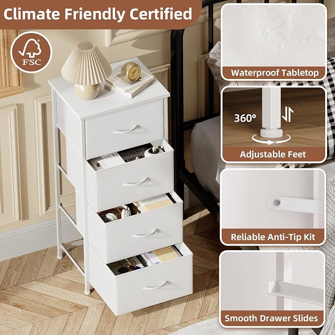 Somdot Dresser for Bedroom with 4 Drawers, Storage Organizer Chest of Drawers with Removable Fabric Bins for Closet Bedside Living Room Laundry Entryway Hallway, White Leather