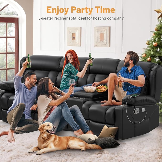Dresegmt Recliner Sofa with Storage Console, Flip Middle Backrest Design PU Leather 3 Seat Reclining Sofa with Storage Drawer, Manual Couch for Living Room (Black, 3 Seater + Console)