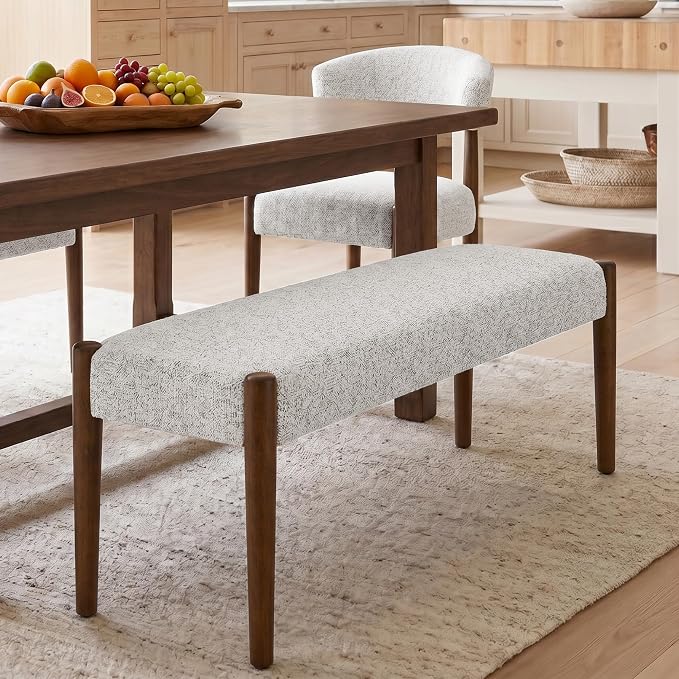 Usaint 42" End of Bed Bench, Modern Upholstered Bedroom Bench with Rubberwood Legs, Entryway Bench with Cushion, Dining Bench for Living Room, Bedroom, Heathered Off-White with Walnut Leg