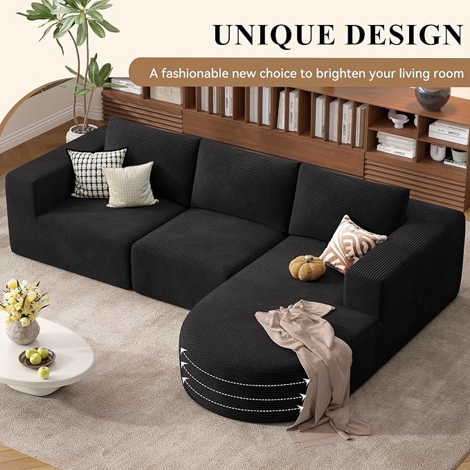 L-Shaped Boneless Couch,104" Couches for Living Room with Curved Chaise,Modular Sectional Sofa with Deep Seat,Modern Cozy Cloud Compression Sofas,No Assembly Required(Black) 1PCS