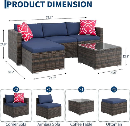 5-Piece Outdoor Sectional Sofa Set, All-Weather PE Rattan Patio Furniture with Ottoman & Tempered Glass Table, Convertible Garden Couch for Backyard, Porch, Poolside (Brown/Dark Blue)