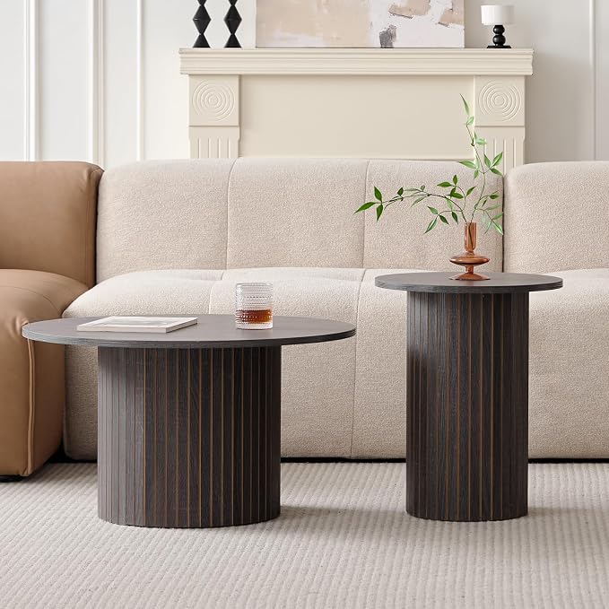 Round Nesting Coffee Tables for Living Room, Set of 2, Black | φ27.6 + φ15.8 Boho Small Circle Side Tables, Fluted Drum Design Wood Grain Finish Minimalist Modern End Table, Small Spaces
