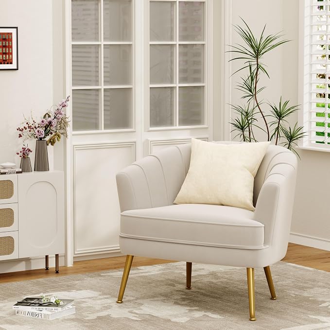 Andeworld Velvet Accent Chair Set of 2, Upholstered Modern Single Sofa Side Chair,Comfy Barrel Club Living Room Armchair with Golden Metal Legs for Bedroom Living Reading Room Office, Beige