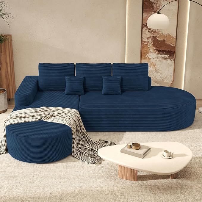 112" Modular Curved Sofa, Oversized Couches for Living Room, Modern Cloud Couch with Deep Seat, Corduroy Foam Couch, No Assembly Required, Navy Blue, 1PCS