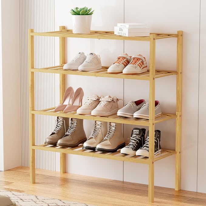 Smiry Bamboo Shoe Rack, 4 Tier Free Standing Wooden Shoe Organizer, Stackable Wood Shoe Storage Shelf for Closet, Entryway, 12 Vertical Slats, 2+2 Stack Standard Legs, 26.8"x11"x26", Natural