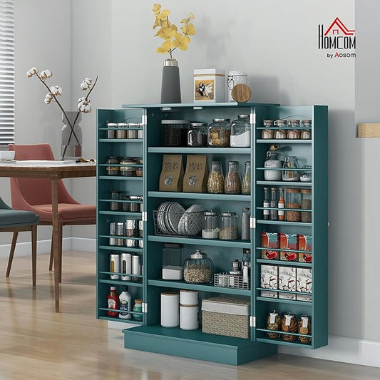 HOMCOM 41" Kitchen Pantry Storage Cabinet, Freestanding Kitchen Cabinet with 12 Door Shelves, Double Doors, 5-Tier Shelving and Adjustable Shelves, Blue