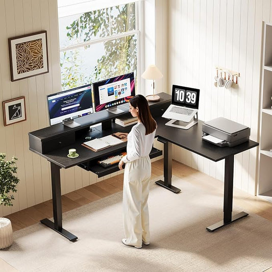 OffiGo 59 Inch L Shaped Electric Standing Desk with Drawers, Height Adjustable Corner Computer Desk with Keyboard Tray & Monitor Stand, Stand Up Table for Home Office Workstation, Black