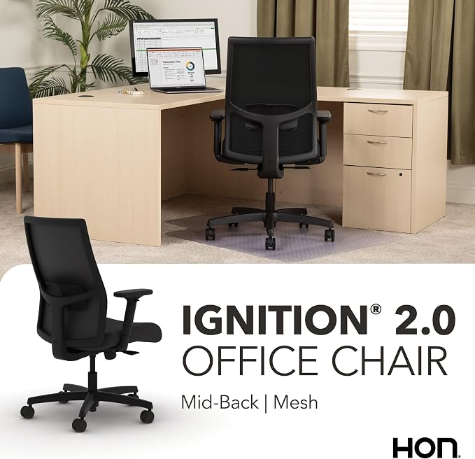 HON Ignition 2.0 Mid‑Back Ergonomic Office Chair, Mesh Task Desk Chair with Lumbar Support, Standard Synchro‑Tilt, Height and Width Adjustable Arms, Black Frame, Onyx