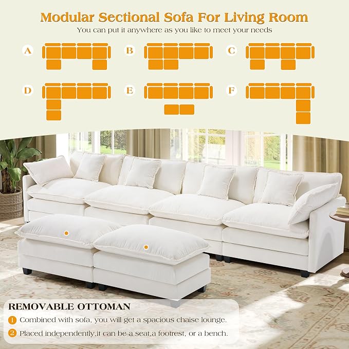 149.2" Modular Sectional Sofa,U Shaped Couch for Living Room,Modern Deep Seat Sofa 3 Seater Chenille Fabric Comfy Cloud Couches with Throw Pillows & Movable Ottoman