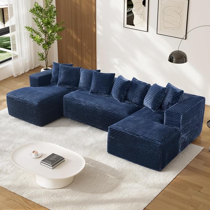 131" Oversized U Shaped Cloud Sectional Couches for Living Room, Comfy Fluffy Corduroy Blue Boneless Sectionals Couch, Plush Memory Foam Modular Sectional Sofa with Chaise- 19" Seat Height